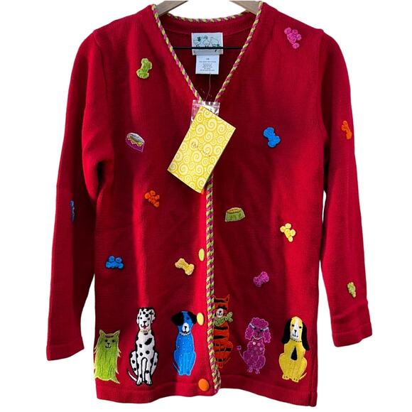 The Quacker Factory Knit Cardigan Sweater Dog Embroidered Red Women's XS NWT - Picture 1 of 5
